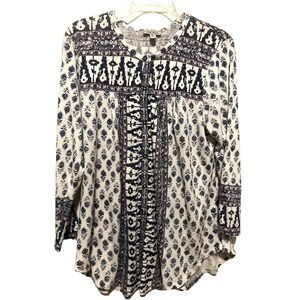 Lucky Brand Cotton Blend Knit Button Up LS Top XL Metal Buttons Blue White Pink